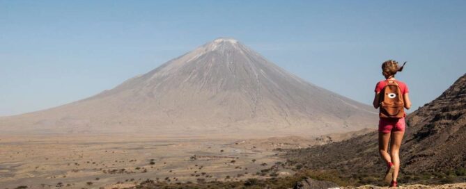 Panoramic view from Mount Oldoinyo lengai summit showing volcanic landscape