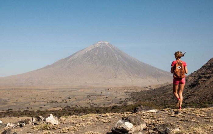 Panoramic view from Mount Oldoinyo lengai summit showing volcanic landscape