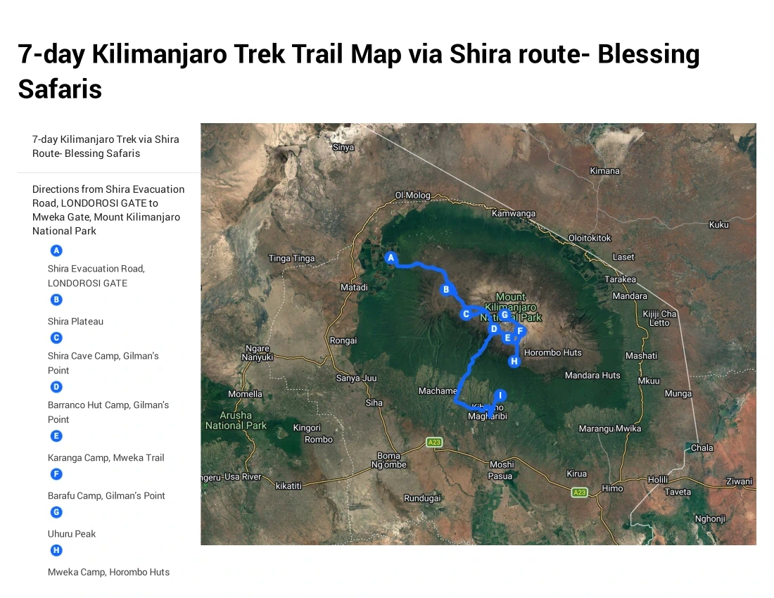 7-day kilimanjaro trek via shira route map 